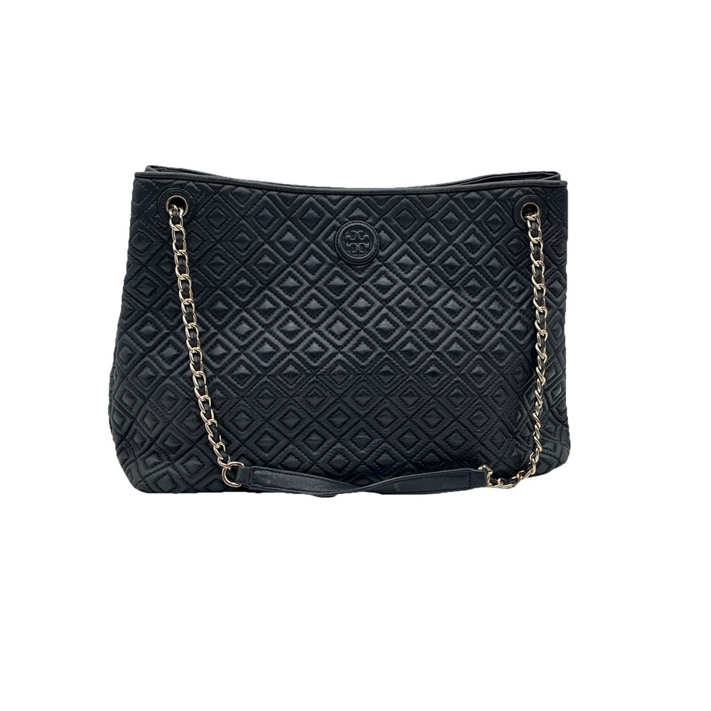 Tory Burch Marion Black‎ Quilted Leather Tote Bag Chain Strap Large